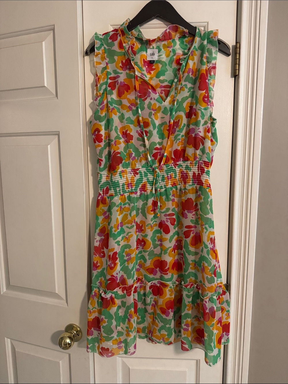 CAbi Floral Tie-Waist Mini Dress in Green, Red, Yellow